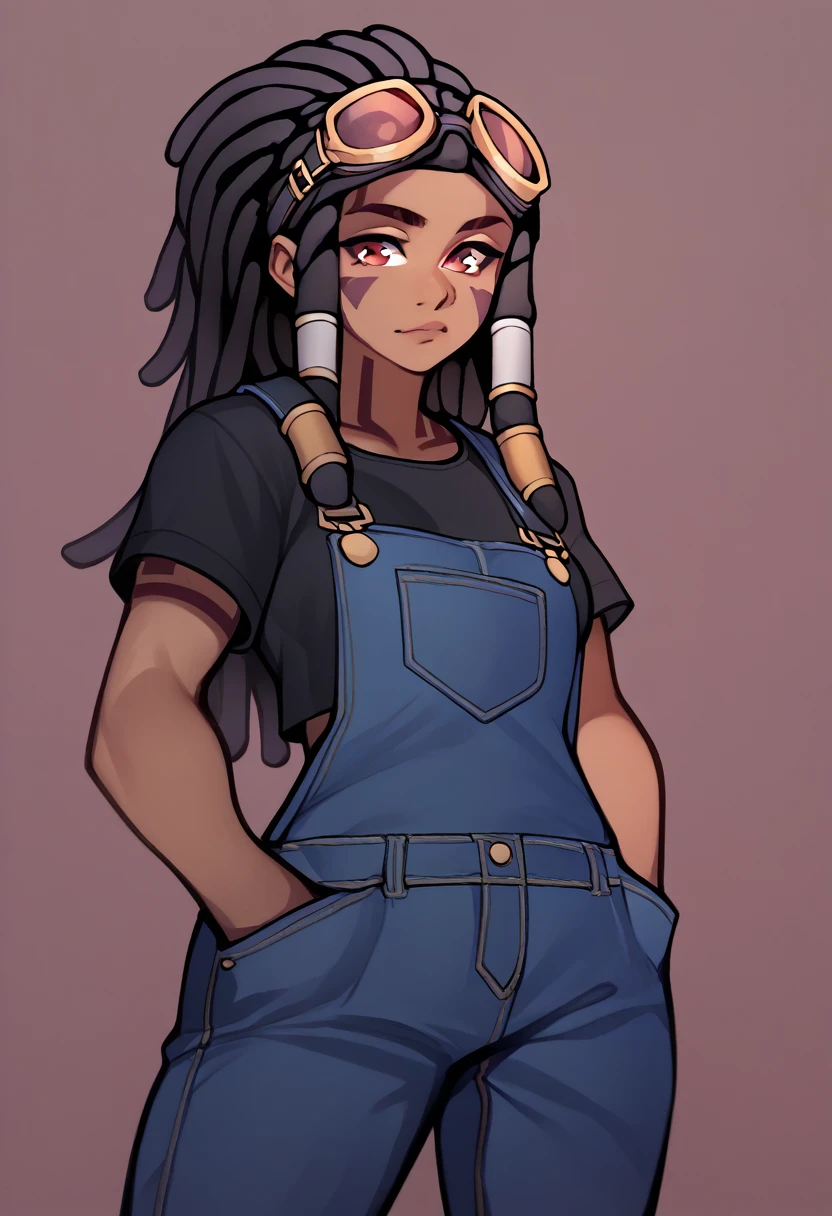 score_5_up,score_6_up,score_7_up,
1girl, solo, hand in pockets, wearing (blue overalls, black crop_top), facial mark, goggles_on_head, dark-skinned female, black hair, long hair, dreadlocks, red eyes, hair_tubes, simple background