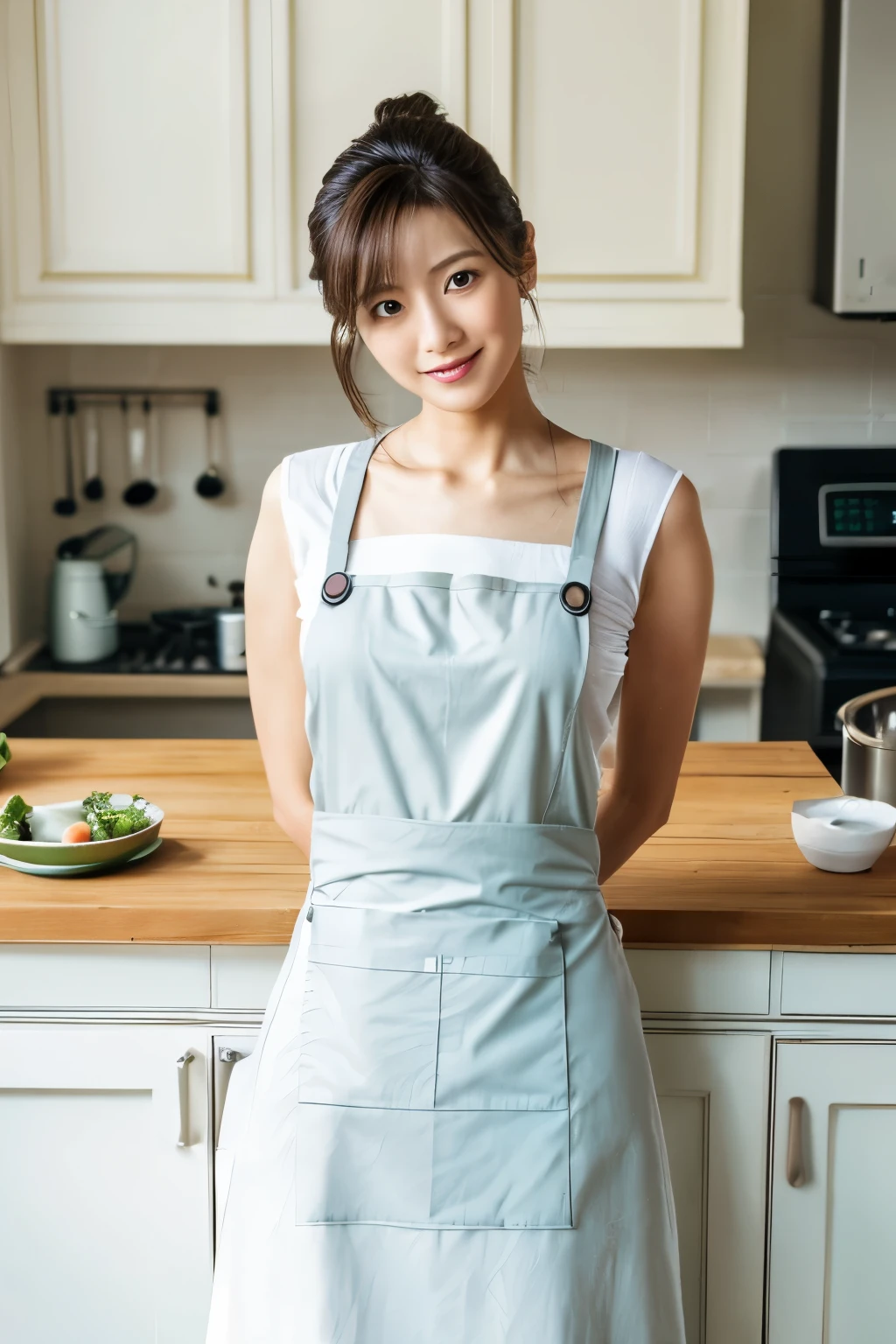 Masterpiece, Pornograply, High quality, Ultra-high resolution, 8K, Realistic, (Intricate details: 1.2), A skinny Japanese actress, 40 years old, {short|long} hair, cute face, detailed face, beautiful eyes, detailed eyes, slender body, hourglass figure, anatomically correct body structure, (wearing a full-length apron: 1.4), looking into the camera. a photo captured at a kitchen filled with sunlight, white floor, white walls, cooking items, (plants: 0.8). full-body photo from various angles