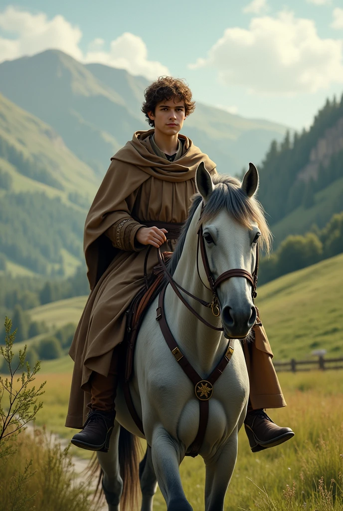 Drawing

Young white man, brown hair and sweet face, with a brown medieval religious outfit, on grey horse in a medieval valley