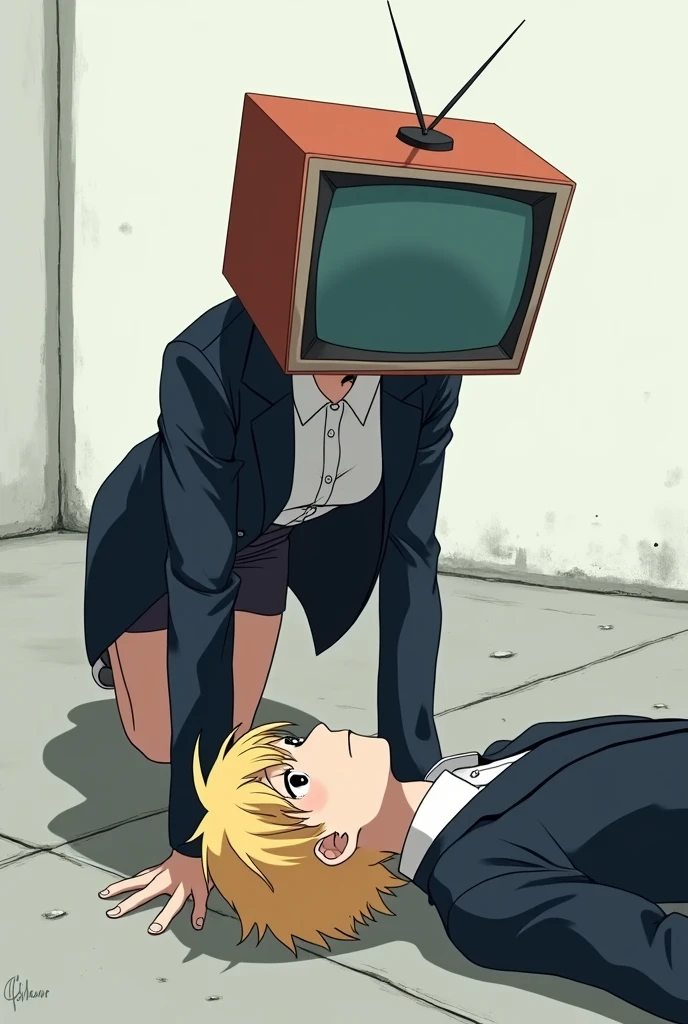 Generates an image in which a TV Woman a woman with a television head wearing a uniform of a white shirt and a large black jacket and the boy is unconscious on the floor the girl has a television head . He is taking a selfie with Katsuki, a blond boy passed out on the concrete. The boy has his eyes closed._● The blond boy is unconscious on the floor Both are men ANIME !!