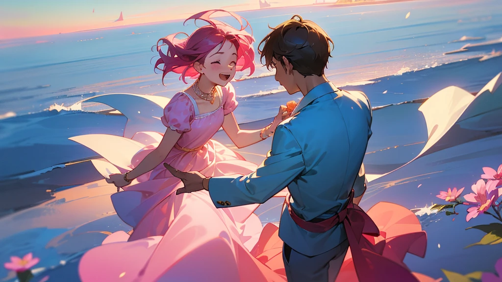 A joyful portrait of a young couple, the 16-year-old boy and the girl dressed in a flowing pink dress, standing together in a heavenly, dream-like setting. Both are smiling, radiating happiness and contentment. The background is filled with soft clouds, vibrant flowers, and a warm, golden light, capturing their moment of pure joy and connection.