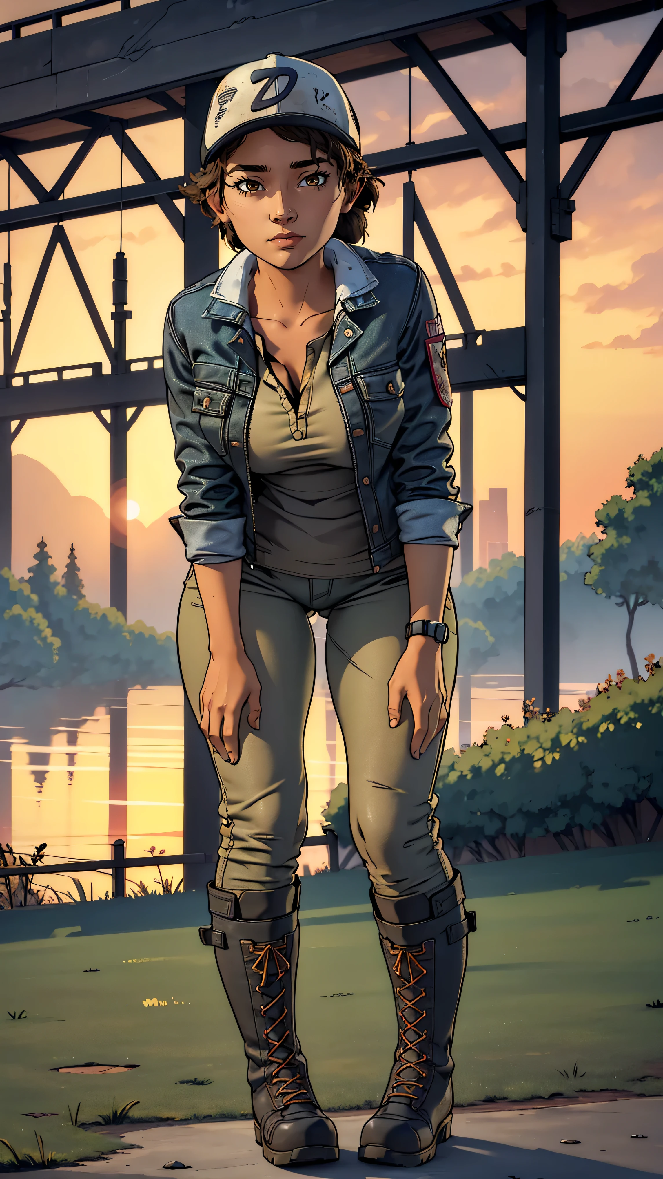 ((masterpiece, best quality)),(complex lighting) ,solo,(((1girl))) ,clementine, light skin,light-skinned female, baseball cap, green cargo pants, brown eyes, tight pants, combat boots, shirt, short hair, one short ponytail, open denim jacket, huge butt, thicc butt , (((8k))), (((full body))), (((bent over))), (((looking at the viewer))), (((view from in front of her))), big breasts