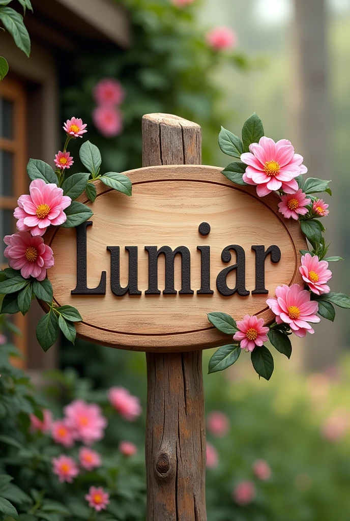 I want you to create a sign with the name LUMIAR as if it were made of wood with delicate pink flowers on the sides