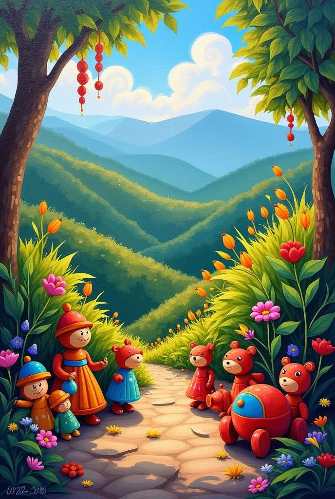 creates a painting with impressionism on the theme of landscape and toys from Guatemala

