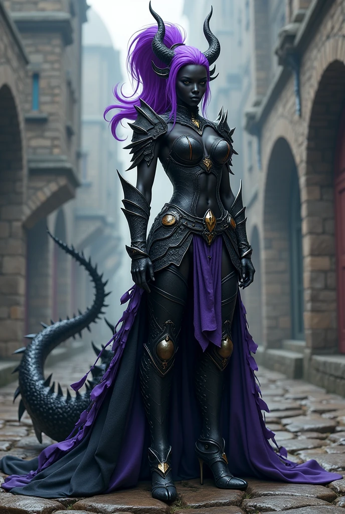 Make a full body character concept sheet of a tall girl, black skin, Black hair with fluorescent purple and short to the shoulders, horns, Black dragon legs and features With Reyna accessories and medieval soldier armor With terrifying appearance