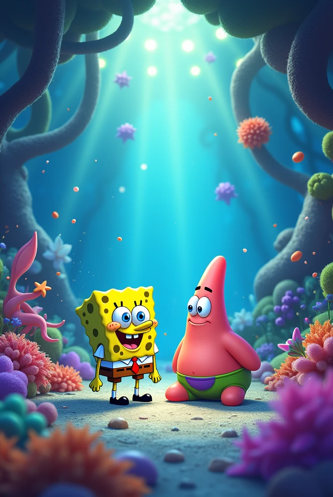 spongebob and patrick in a majestical environment in bikini bottom smoking weed in 1920 x 1080 wallpaper form