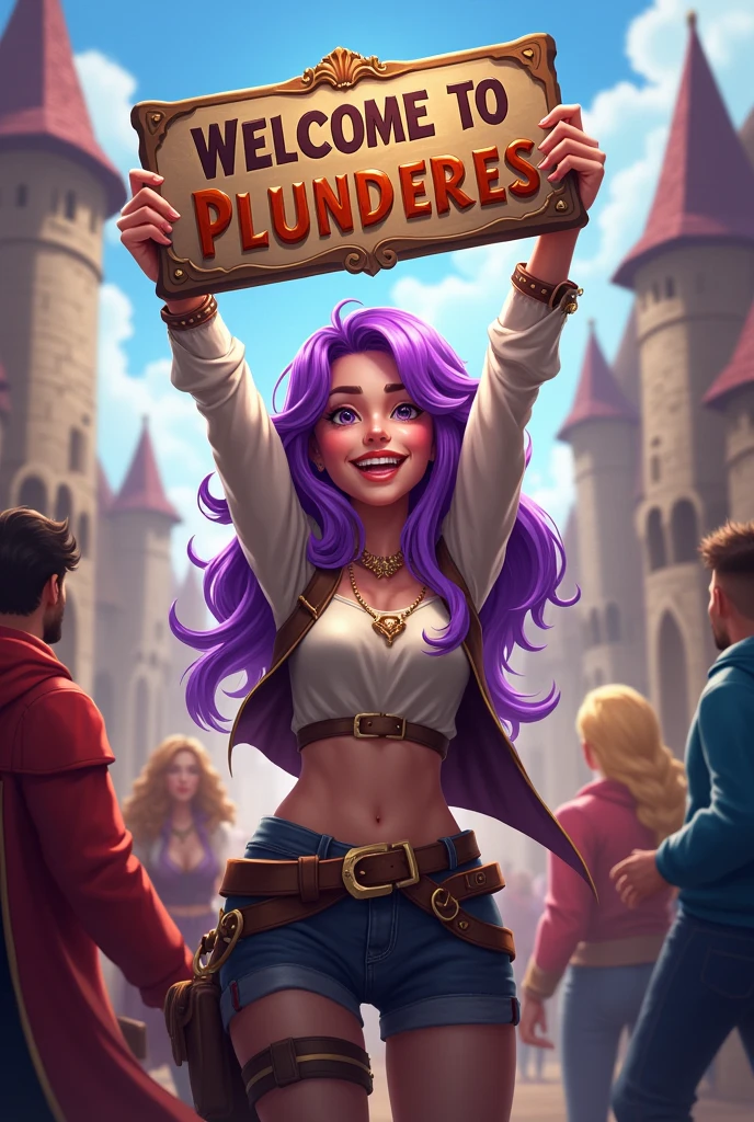 a purple haired woman leads a guild, she was happy smiling looking at the camera holding the word Welcome to Plunderes 