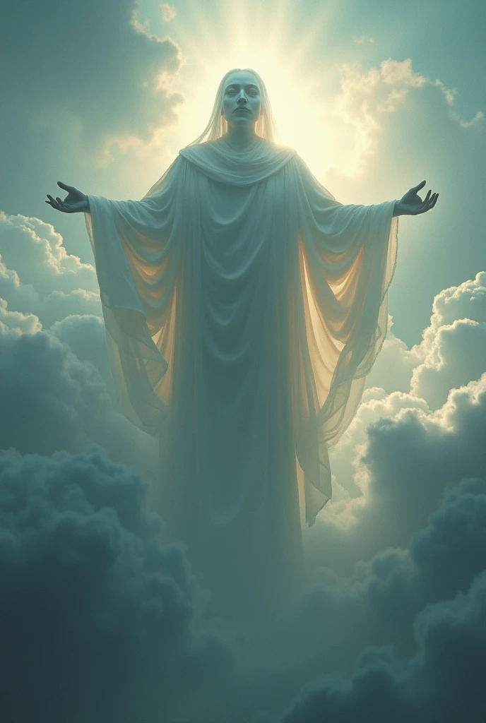 High above the clouds, a celestial being calls out to the people below, urging them to join them in their heavenly realm. But little do they know, this figure has a hidden agenda and a dark side that may soon be revealed.