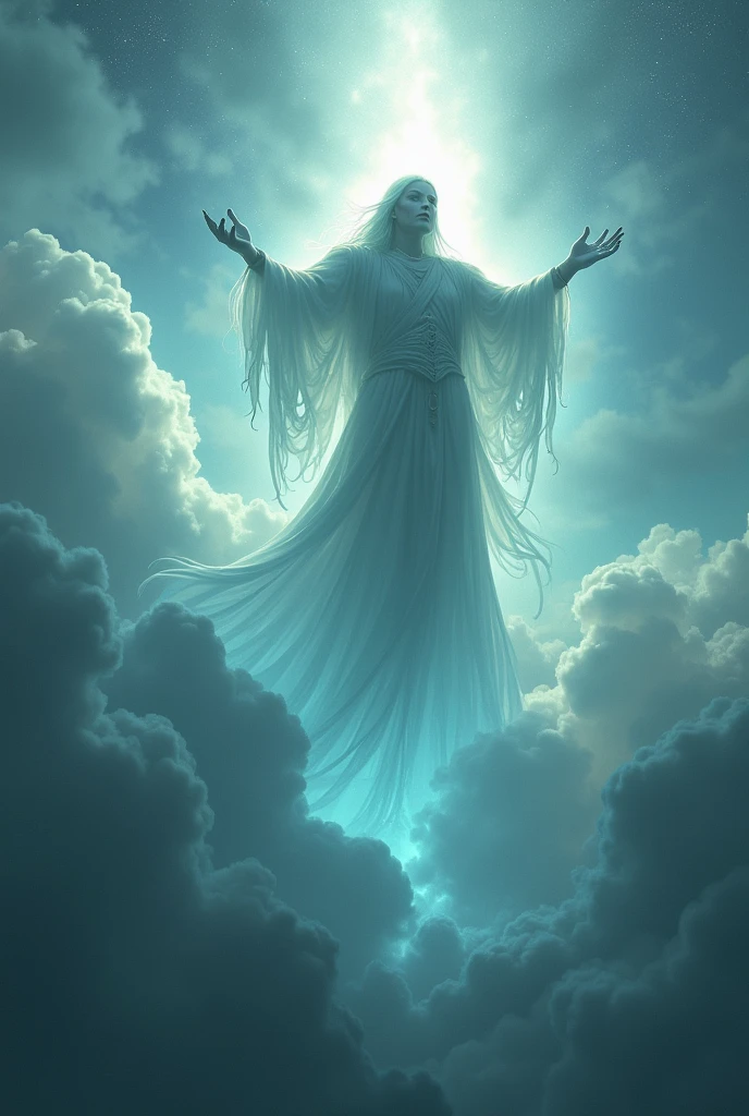 High above the clouds, a celestial being calls out to the people below, urging them to join them in their heavenly realm. But little do they know, this figure has a hidden agenda and a dark side that may soon be revealed.