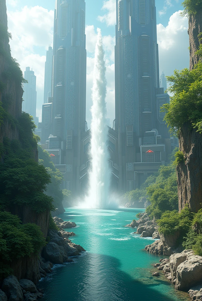 A huge city,super technological, with things they have never seen before and with a beautiful landscape and a large fountain 