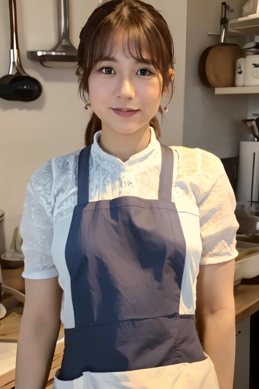 Masterpiece, Pornograply, High quality, Ultra-high resolution, 8K, Realistic, (Intricate details: 1.2), A skinny Japanese actress, 40 years old, {short|long} hair, cute face, detailed face, beautiful eyes, detailed eyes, slender body, hourglass figure, anatomically correct body structure, (wearing a full-length apron: 1.4), looking into the camera. a photo captured at a kitchen filled with sunlight, white floor, white walls, cooking items, (plants: 0.8). full-body photo from various angles