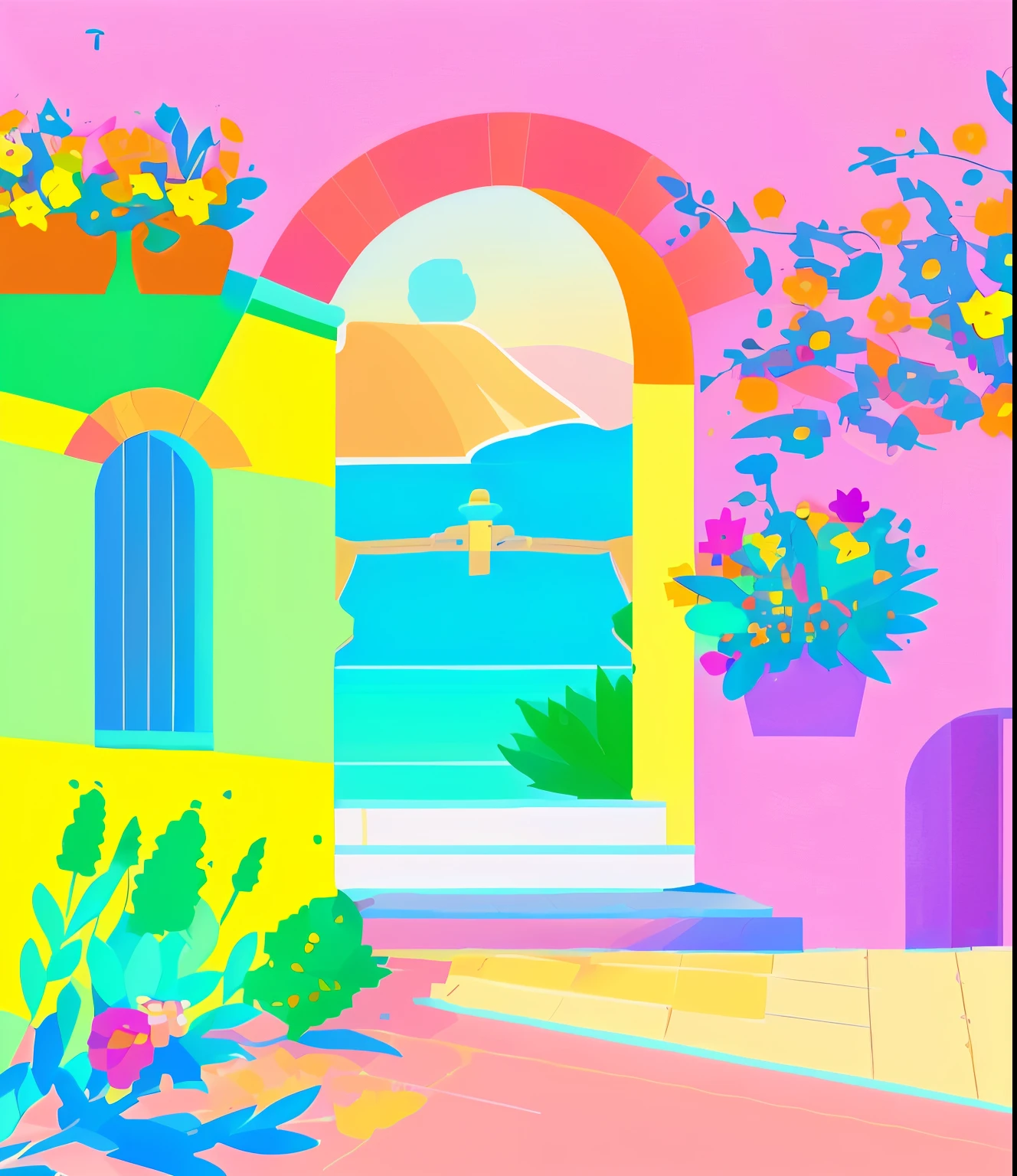 a cartoon of a house with a view of the sea and flowers, in a mediterranean lanscape, colorful illustration, colorfull illustration, mediterranean vista, flat color, in style of digital illustration, mediterranean island scenery, stylised flat colors, stylized digital illustration, flat 2 d design, flat illustration, greek setting, digital 2d illustration, adobe illustrator art, colorful scene