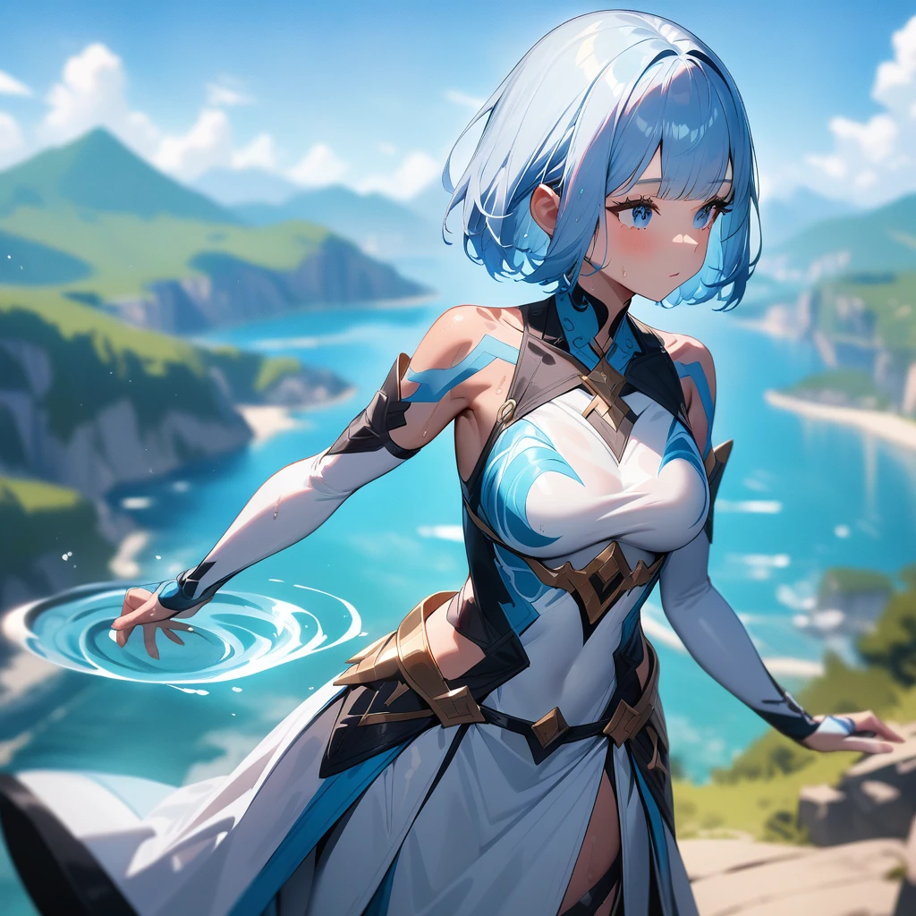 1girls,solo,super detailed skin,shiny skin,wet oily skin,natural face ,eyelashes,pastel blue hair,short hair, bob hair,blunt bangs,medium breasts,beautiful shaped breasts,unique and complex clothes,looking afar,arm forward,water magic,landscape,wide shot,masterpiece,best quality,ultra detailed,high resolution,sharp focus,depth of field