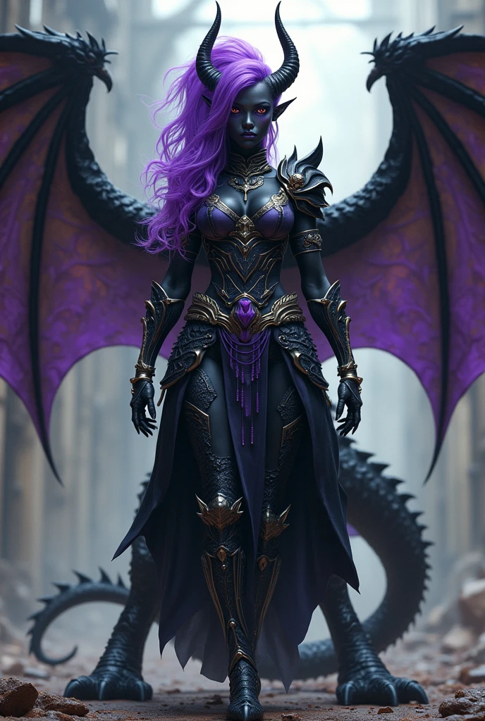 Make a full body character concept sheet of a tall girl, black skin, Black hair with fluorescent purple and short to the shoulders, horns, Black dragon legs and features With Reyna accessories and medieval soldier armor With terrifying appearance