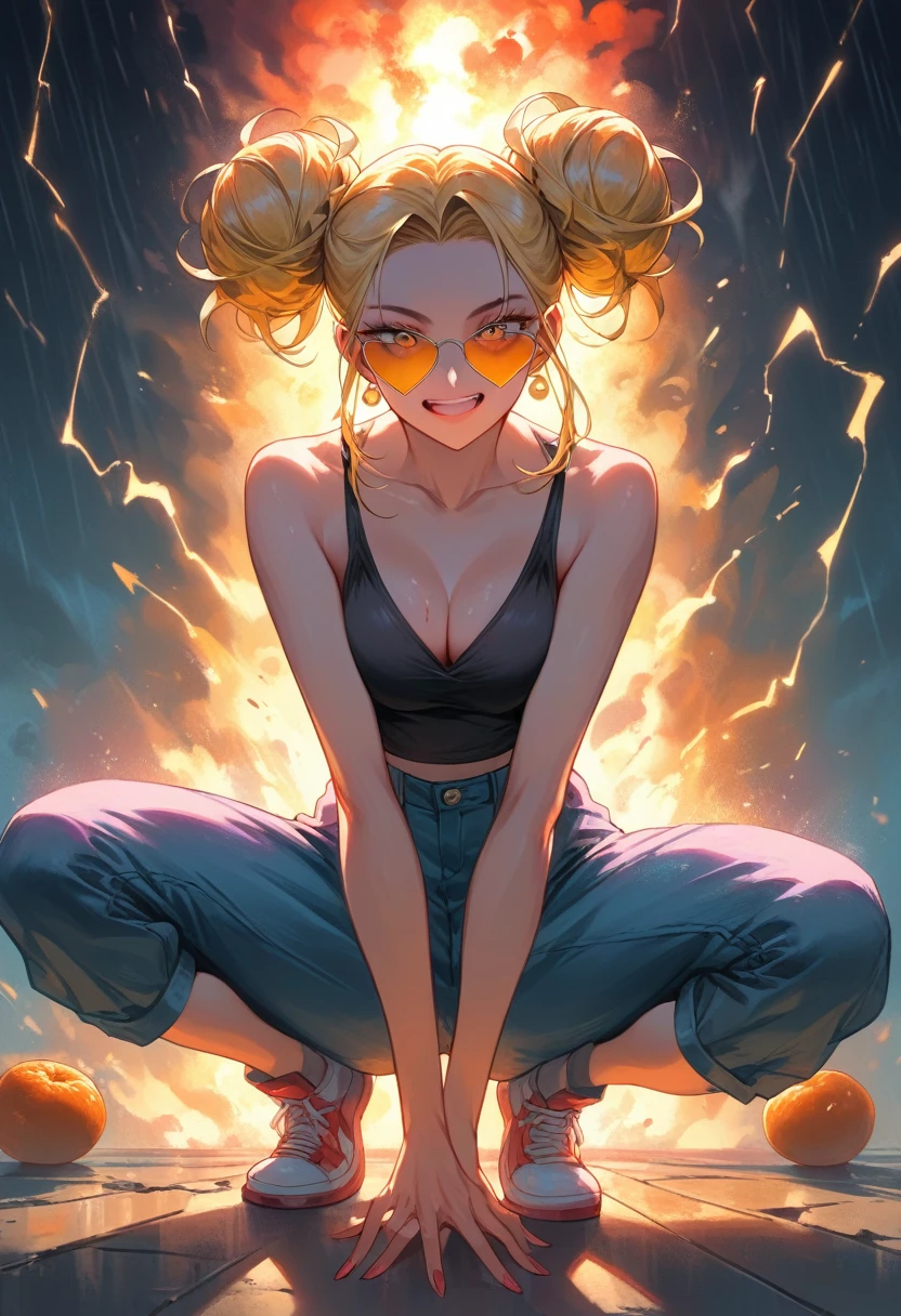 horror movie style super sexy attractive sweet naughty face Ethereal being, loose bun, lasts transparent bioluminescent, very sexy big sunglasses Sensual cleavage Goku + Sarada Power, yellow hair heat spray curled full body posture, lowered crouched perspective emitting moody constellation of tones including brown,blue rays black gold pinkshock neon , blood, love it neon cyan, surrounded by a storm of luxurious light, explosion of oranges and reds