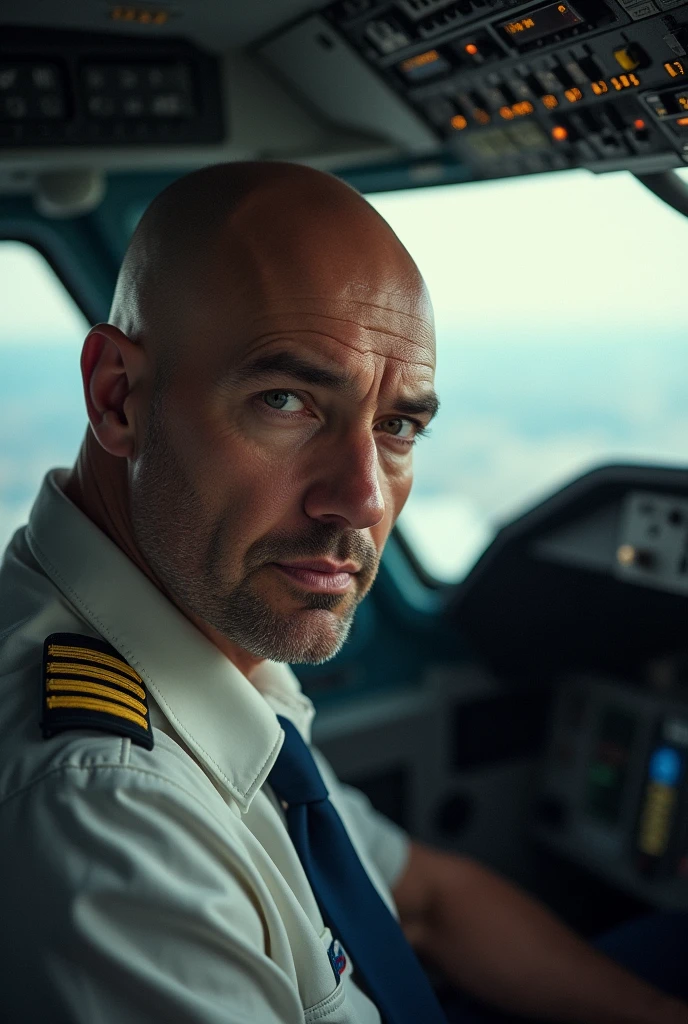 homme chauve pilote d'avion ,le regard vers nous