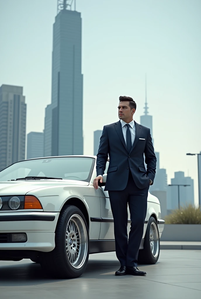 white e36 bmw with a man in front of the car