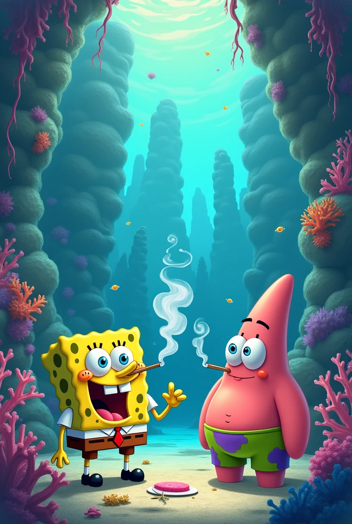 spongebob and patrick in a majestical environment in bikini bottom smoking 
in 1920 x 1080 wallpaper form