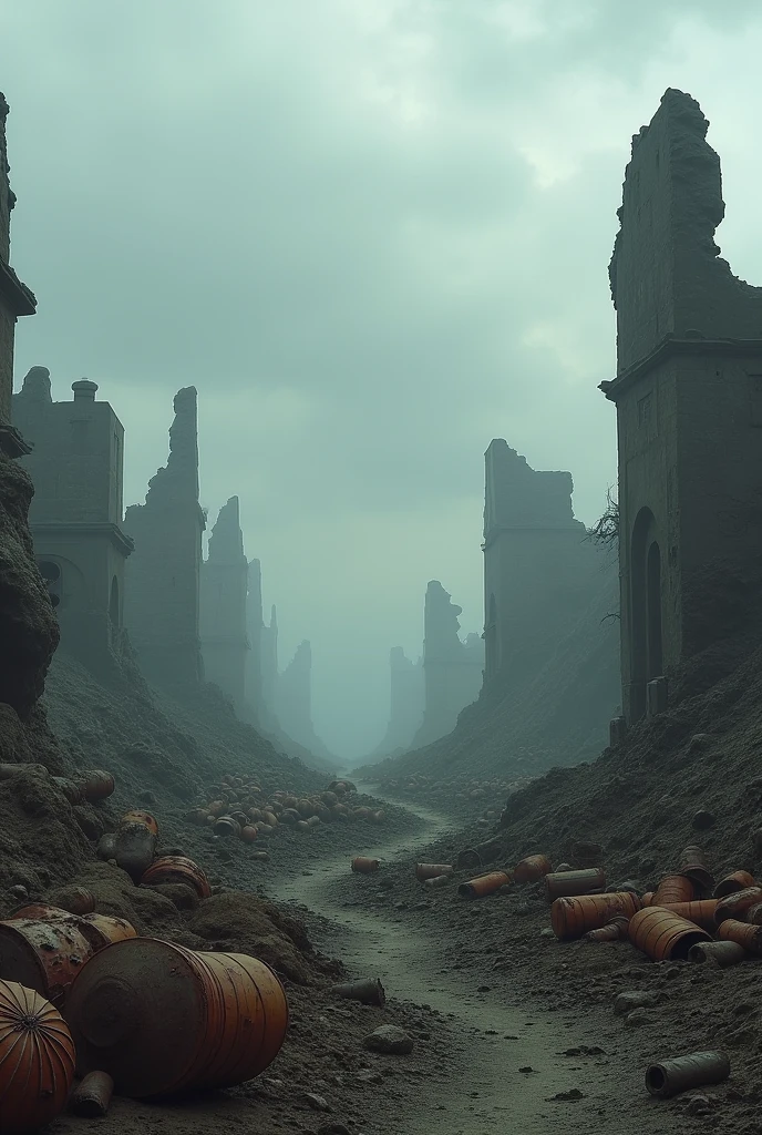Desolate landscape with ruins and debris in the background. The sky is overcast and gloomy