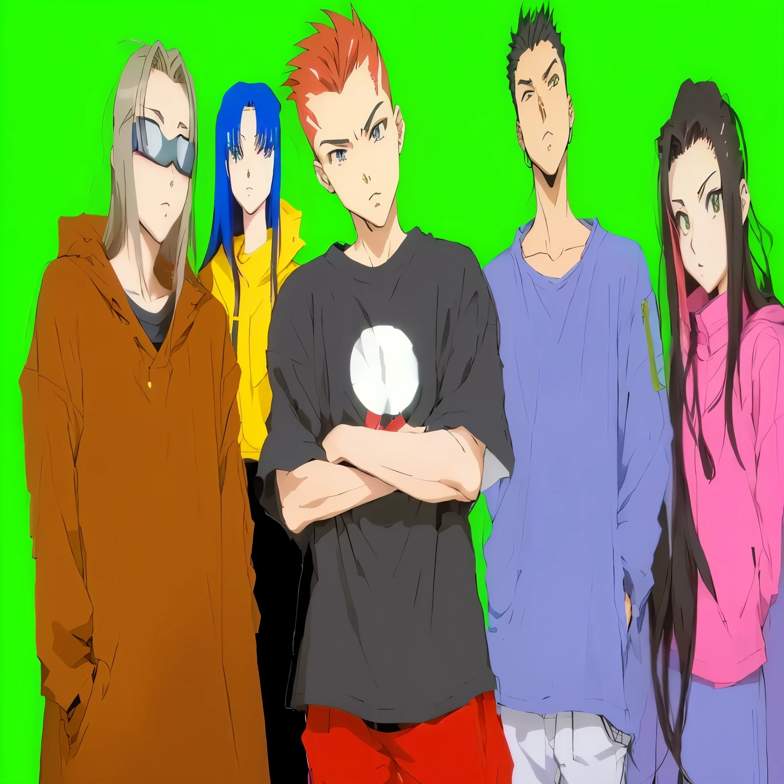 anime characters are standing in a line with their arms crossed, in anime style, 9 0 s anime style, 90s anime style, modern anime style, very modern anime style, in an anime style, in japanese anime style, 9 0 s anime art style, style of madhouse anime, 2 d anime style, ufotable art style, epic anime style