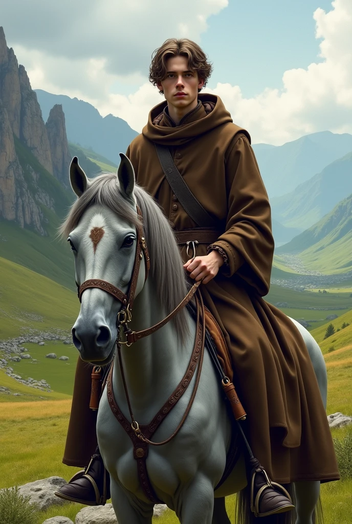 Drawing
Young white man, brown hair and young face, with a brown medieval religious outfit, on grey horse in a medieval valley