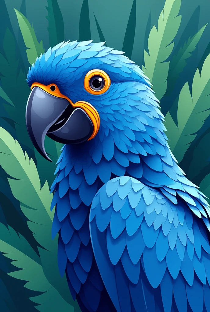 Create a portrait of a parrot's head, facing forward but slightly turned, designed specifically to be made into a mosaic. The parrot should be composed entirely of simple, flat color areas in different shades of blue, suitable for mosaic tiling. The background should be filled with jungle leaves in flat shades of green to contrast with the parrot. The design must focus on clear, distinct color areas to represent the parrot's features, ensuring it is ideal for a mosaic project.