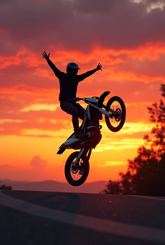 A person doing wheelies without hands running in a six flying sunset