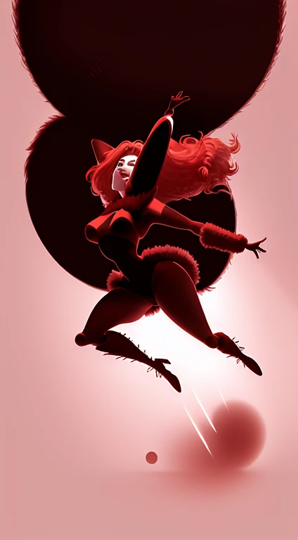gear00d, a woman jumping, jumping full body, simple background, GRADIENT BACKGROUND, make-up, colored fur, staring overhead, lipstick, freckles, back arched, precise, monochromatic