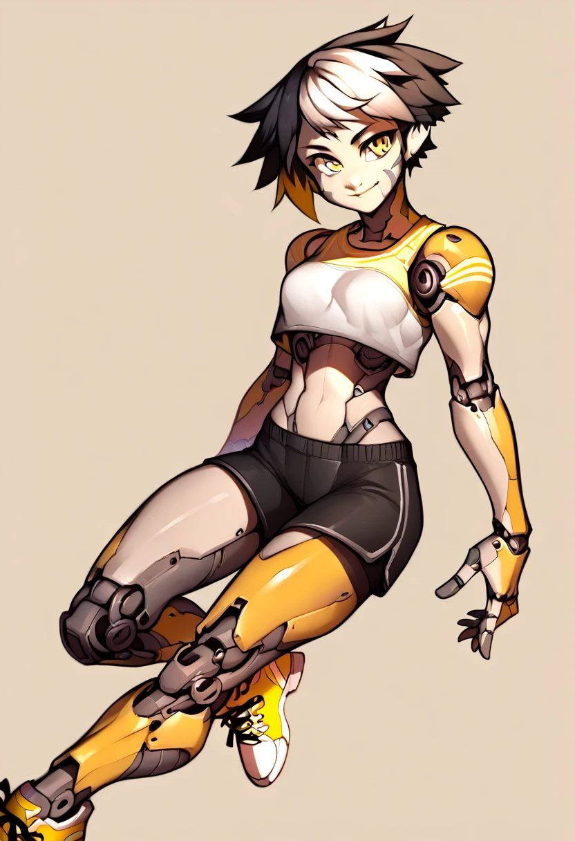 score_5_up,score_6_up,score_7_up, 1girl, solo, smile, wearing (crop top, black shorts, bike_shorts, sneakers), android, mechanical legs, mechanical arms, robot joints, black hair, white hair, two-tone_hair, short hair, yellow eyes, simple background
