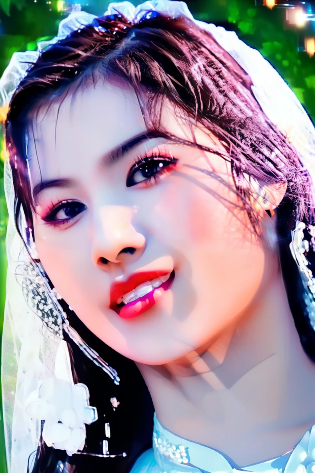 black hair, Sana,(close-up photo:1.3),(pov:1.1),korean, woman, complex 3d render ultra detailed, portrait of beautiful woman,, moody portrait, striking features, beauty, intricate details, dramatic composition, tension, contrast, texture, realism, high-quality rendering, stunning art, high quality, film grain, Fujifilm XT3,swirly bokeh,(realistic, photo-realistic:1.4),RAW photo,physically-based rendering,(looking at viewer:1.4),(8k, best quality, masterpiece:1.2),(full body shot:1.1),octane render,extremely detailed CG, unity 8k wallpaper,(studio soft light, rim light,in forest,sunlight:1.2),standing,(a girl is wearing wedding dress:1.5),hyper realistic detail shiny skin,ultra detailed,(ultra realistic:1.5),(intricate:1.2),(photorealistic:1.4),1girl,(skinny:1.3),detailed background