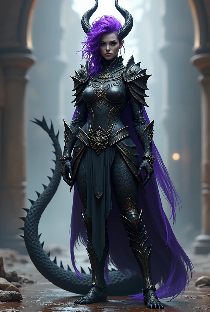 Imagine a full body character concept sheet Of a tall girl, black skin, Black hair with fluorescent purple and short to the shoulders, horns, Black dragon legs and features With Reyna accessories and medieval soldier armor With terrifying appearance