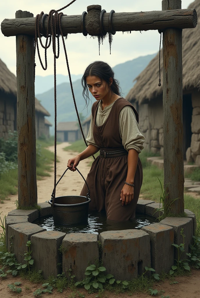 woman fetching water from a dirty well in the middle ages in a medieval village