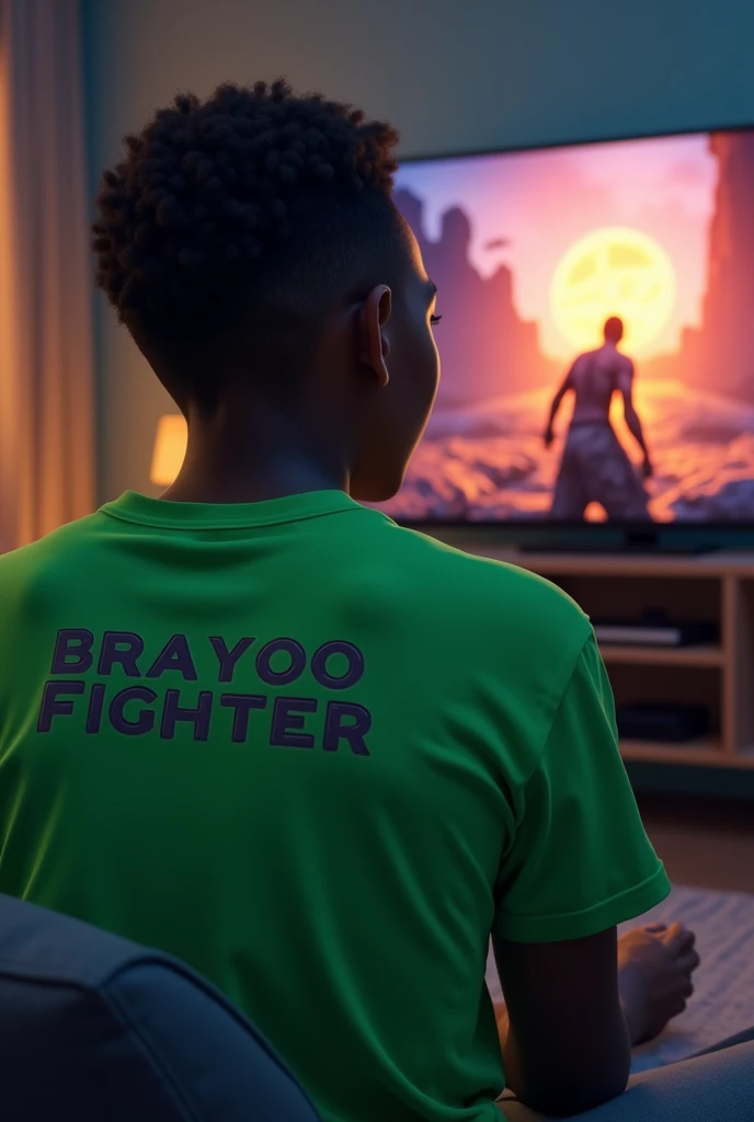 A Tanzanian person who his green tishirt written BRAYOOFIGHTER playing God of war game on PS5