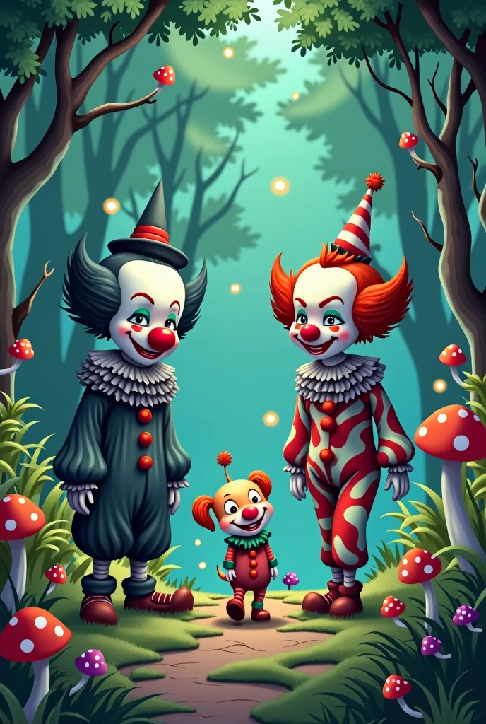 create a cartoon of a sad black and grey clown, A cheerful clown with lots of colors and a little dog dressed as a clown walking through a forest