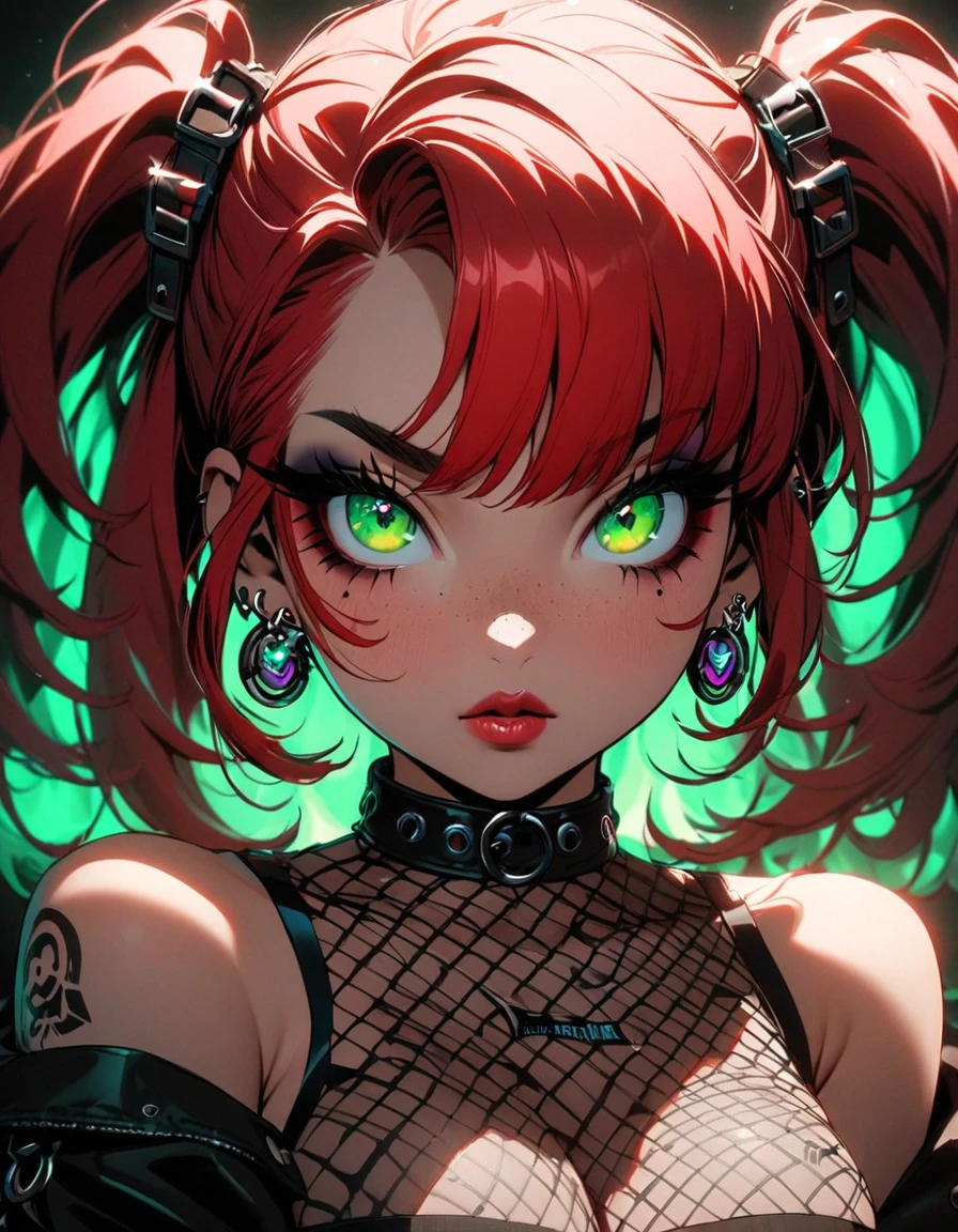woman, curly red hair in pig tails, green eyes, eye shadow, long black jacket, red plaid skirt, black finger-less gloves, exposed shoulders, large breasts, freckles, fishnet undershirt, looking at viewer, Holo-Punk Style, goth, earrings, eyelashes, jewelry, lips, makeup, solo, tattoo, punk aesthetic, cinematic lighting, masterpiece, best quality, face close up, underboob