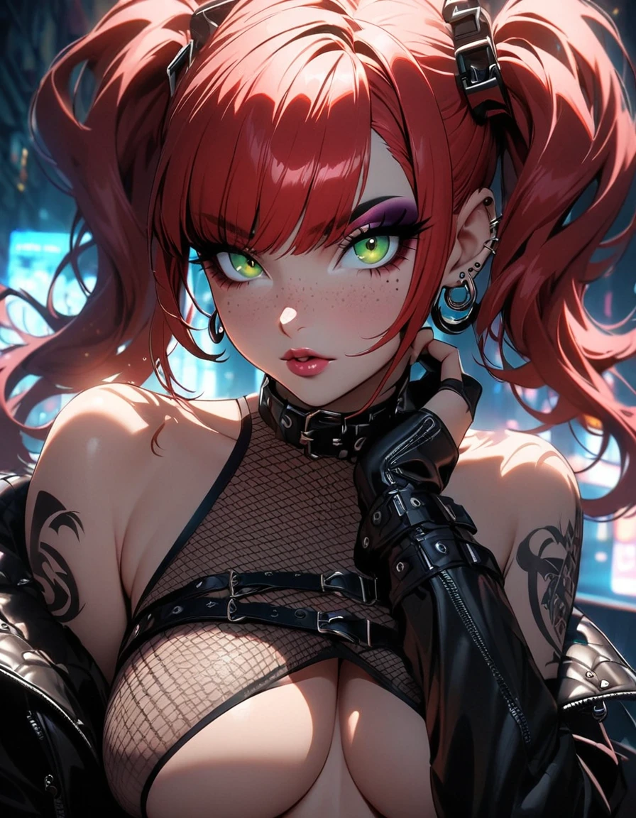 woman, curly red hair in pig tails, green eyes, eye shadow, long black jacket, red plaid skirt, black finger-less gloves, exposed shoulders, large breasts, freckles, fishnet undershirt, looking at viewer, Holo-Punk Style, goth, earrings, eyelashes, jewelry, lips, makeup, solo, tattoo, punk aesthetic, cinematic lighting, masterpiece, best quality, face close up, underboob