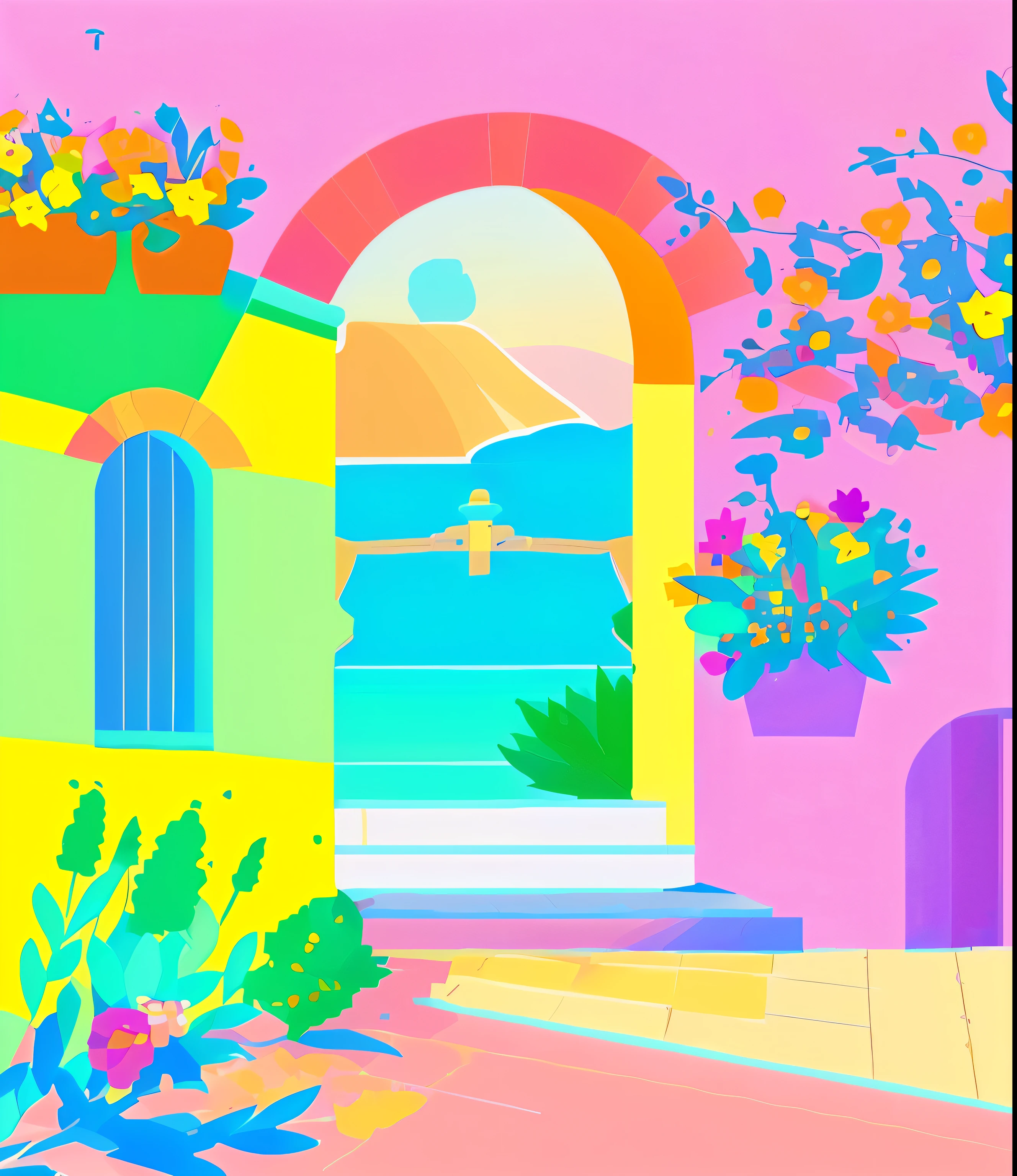 a cartoon of a house with a view of the sea and flowers, in a mediterranean lanscape, colorful illustration, colorfull illustration, mediterranean vista, flat color, in style of digital illustration, mediterranean island scenery, stylised flat colors, stylized digital illustration, flat 2 d design, flat illustration, greek setting, digital 2d illustration, adobe illustrator art, colorful scene
