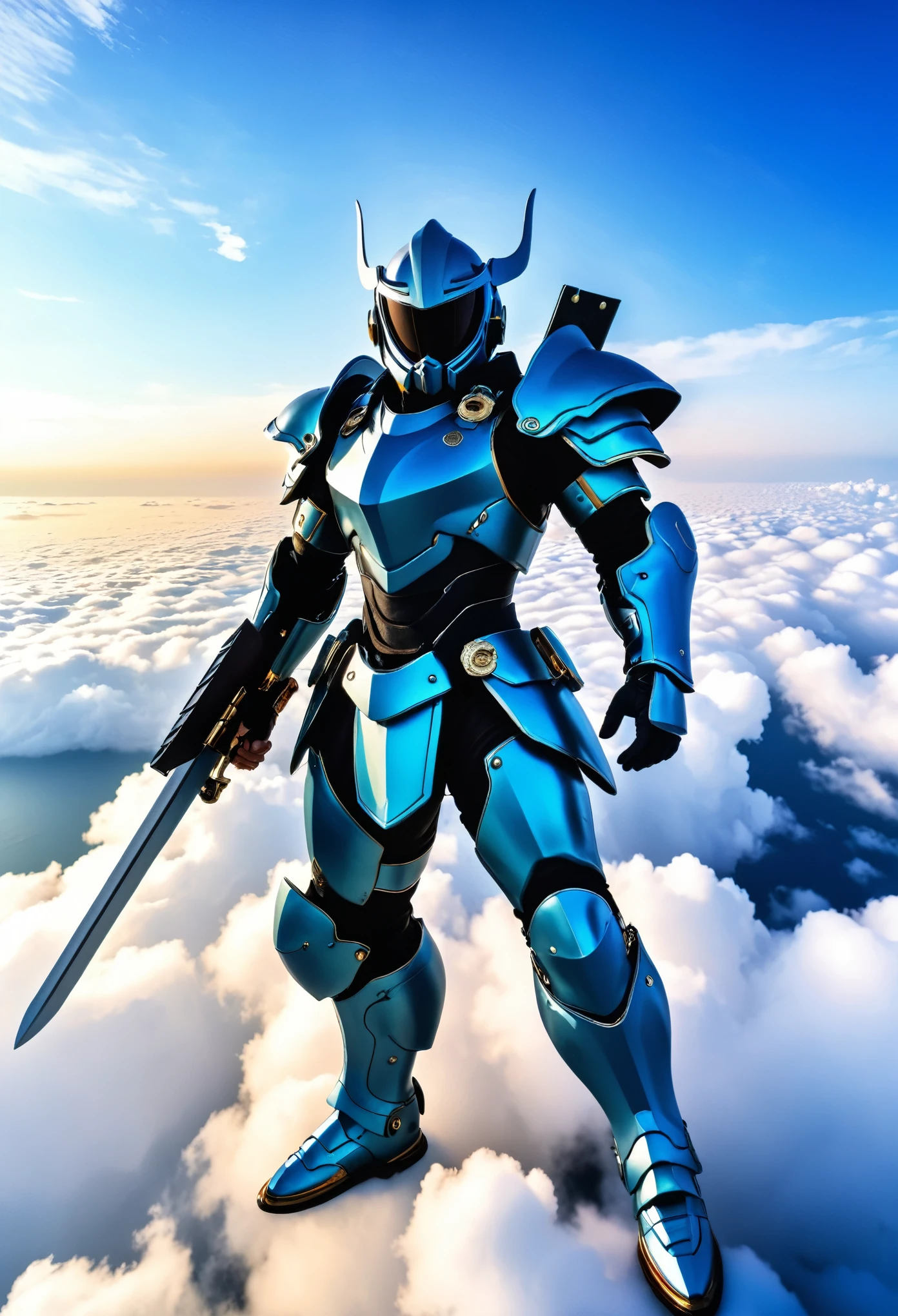 No text, Wide-angle lens, Background sea of clouds, Cyber Ronin, (Cyber Warrior:1.2)