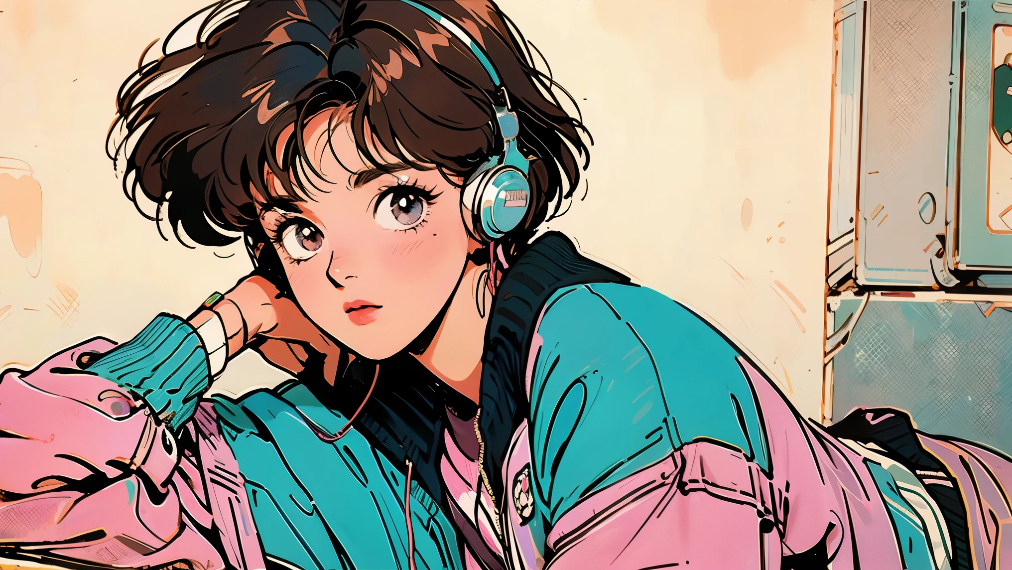 short brown hair, girl, vintage 90s, romance anime style, cardigan, lip gloss, headphone