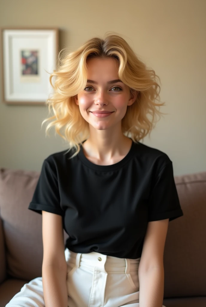 Woman, blonde, eyes browns, big hair, kor: Age 22. sitting on the couch smiling and wearing a black t-shirt and a white skirt, in the background a beige wall with a white picture hanging