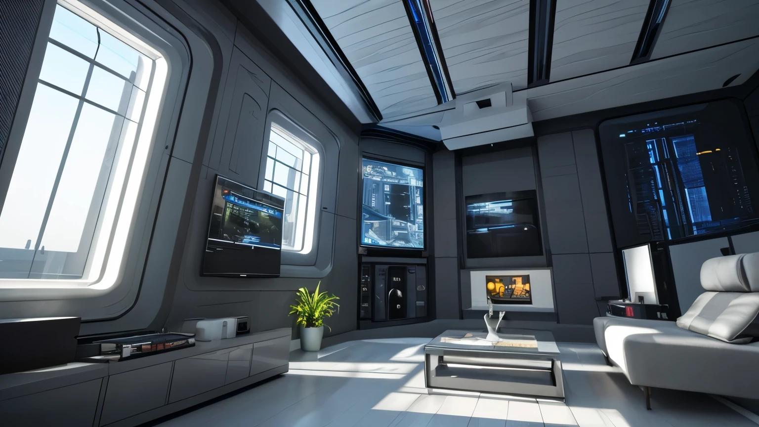 scifi, futuristic home, architectual, space design, cyberpunk, futuristic, hightech, hard-surface design, daylight, much tech, much electronic, very cozy, ambient light, realistic view, wide angle, year 2124