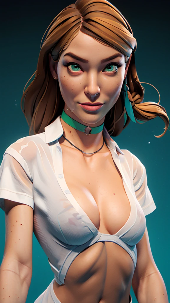 one girl, solo, (open stomach, bare stomach:1.3), slender body, fit body, (upper body, bust:1.2), (green eyes:1.3), brown hair, (two cute braids:1.2), masterpiece, highly detailed, look at viewer, front view, (small breasts, tiny breasts, exposed breasts, deep cleavage:1.5), (transparent white t-shirt, wet t-shirt, choker:1.4), (studio lights, fractal art, bright colors, splashes of color background, colors mashing, paint splatter, complimentary colors, neon, compassionate, thunder, lightnings, electric, limited palette:1.1), expressing joy