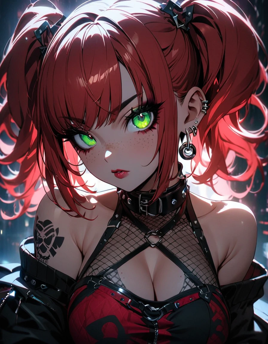 woman, curly red hair in pig tails, green eyes, eye shadow, long black jacket, red plaid skirt, black finger-less gloves, exposed shoulders, large breasts, freckles, cleavage, fishnet undershirt, looking at viewer, Holo-Punk Style, goth, earrings, eyelashes, makeup, solo, tattoo, punk aesthetic, cinematic lighting, masterpiece, best quality, face close up