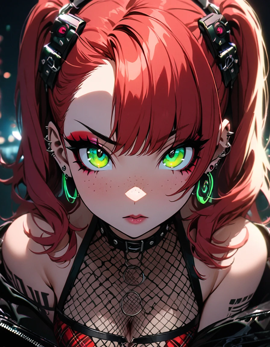 woman, curly red hair in pig tails, green eyes, eye shadow, long black jacket, red plaid skirt, black finger-less gloves, exposed shoulders, large breasts, freckles, cleavage, fishnet undershirt, looking at viewer, Holo-Punk Style, goth, earrings, eyelashes, makeup, solo, tattoo, punk aesthetic, cinematic lighting, masterpiece, best quality, face close up