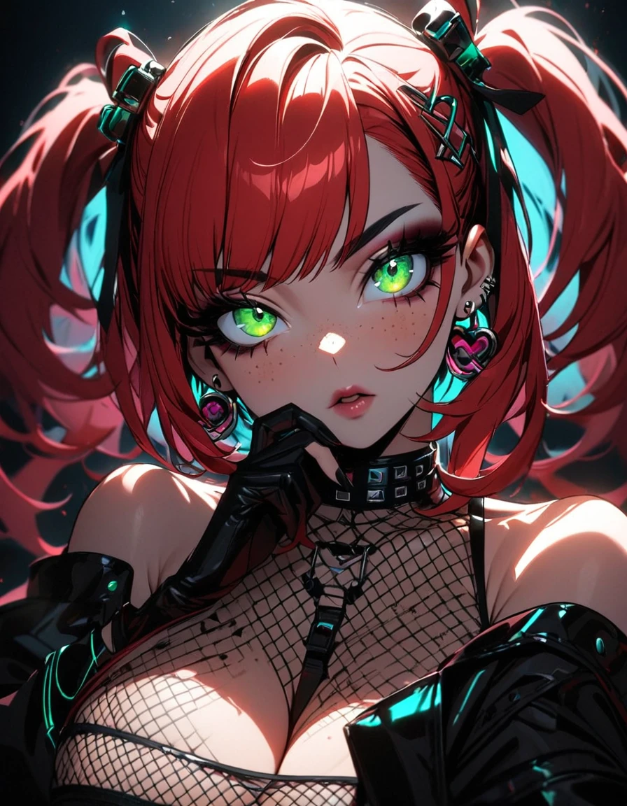 woman, curly red hair in pig tails, green eyes, eye shadow, long black jacket, red plaid skirt, black finger-less gloves, exposed shoulders, large breasts, freckles, cleavage, fishnet undershirt, looking at viewer, Holo-Punk Style, goth, earrings, eyelashes, makeup, solo, tattoo, punk aesthetic, cinematic lighting, masterpiece, best quality, face close up