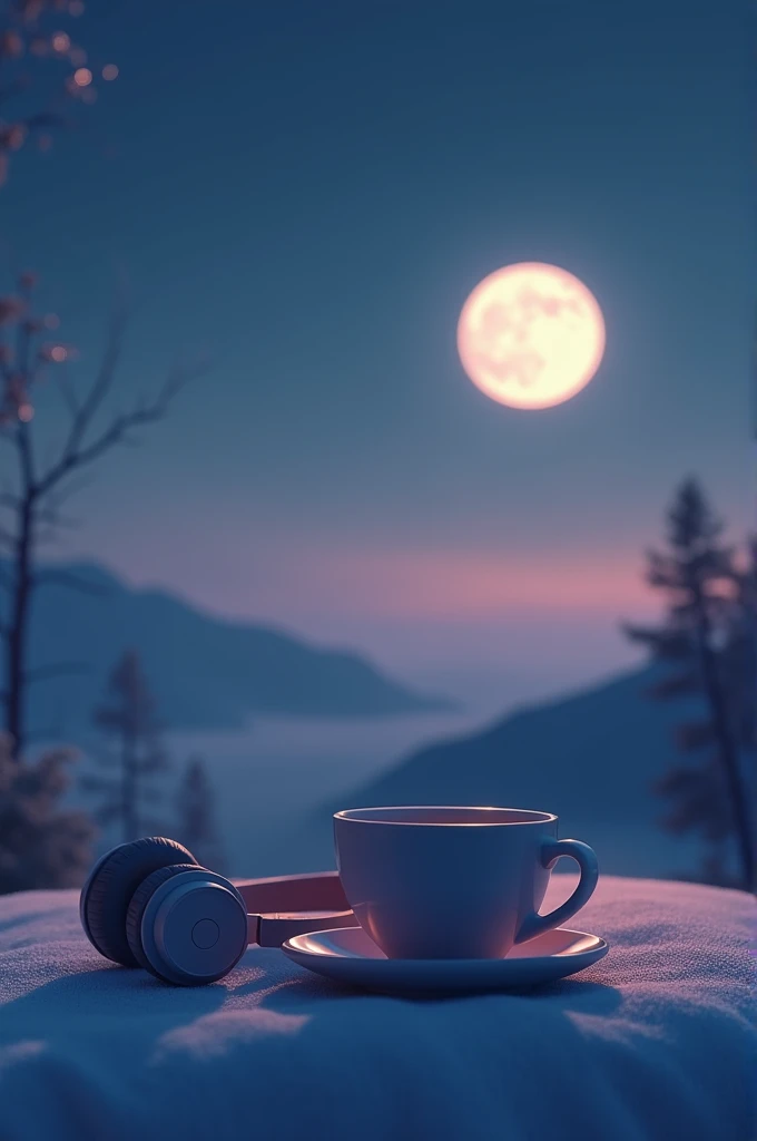"A minimalist design featuring a serene night scene with a soft, glowing moon in the background. In the foreground, include a simple character or object like a cozy coffee cup or a pair of headphones. Use muted, pastel colors to create a calm and relaxed vibe that reflects the essence of lofi chill music."