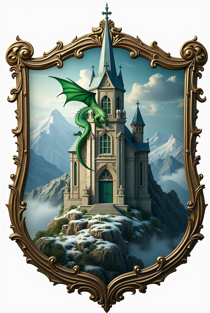 Create me a coat of arms with a chapel on top of a mountain and a small dragon with green and white colors