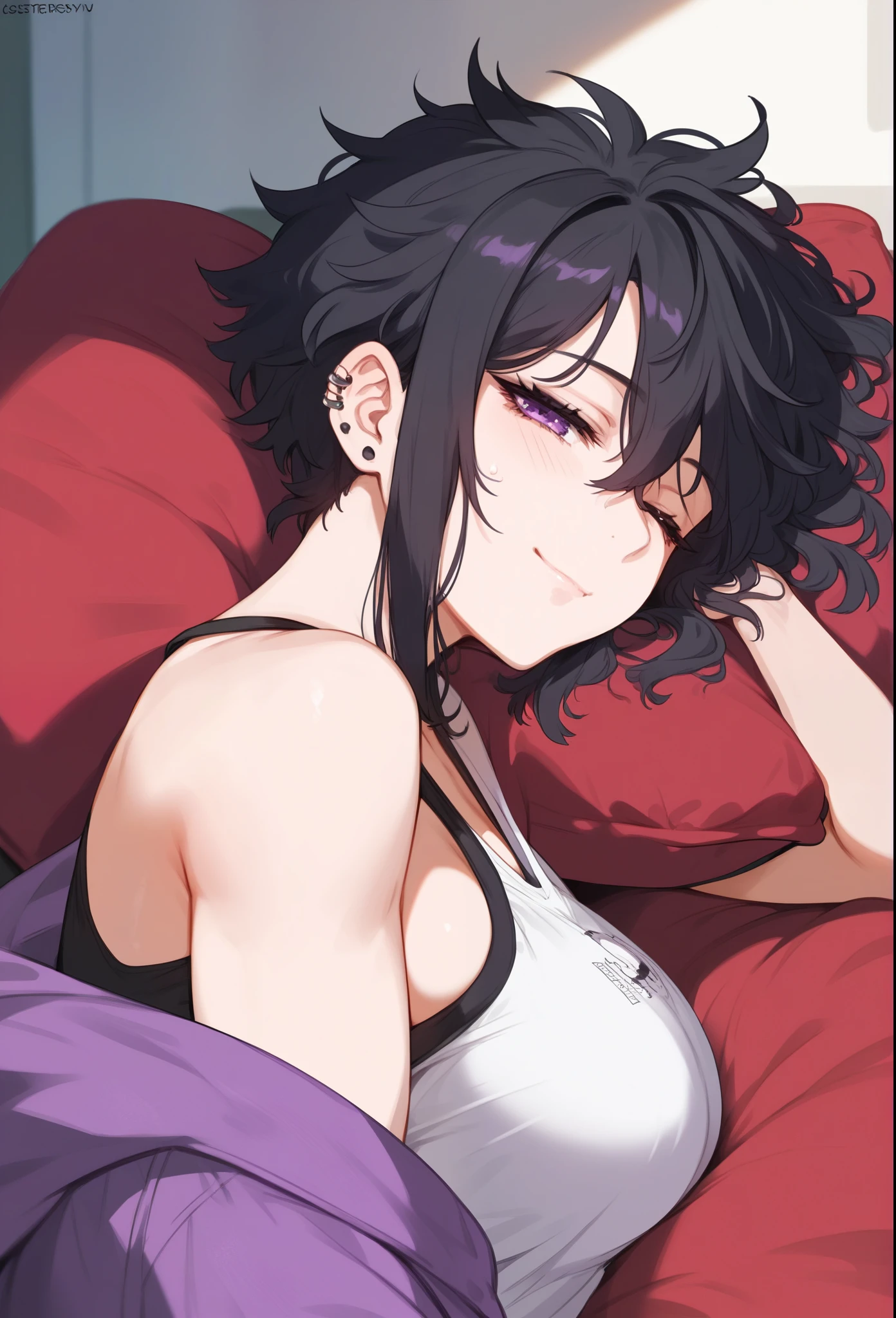 Adult, female, mature, short black hair, black hair, messy cut hairstyle, perfect purple eyes, perfect purple irises, toned body, medium breasts, smaller breasts, gothic, gothic piercings, oversized hoodie, gym shorts, messy apartment, sleepy, drousy, waking, sleepy, tired, small closed mouth smile, laying down, looking at viewer head shot, side view, shot, close up, (Masterpiece, Anatomically Correct, Accurate, Best Quality, Detail, High Details, Quality, Super Detailed, High Quality), (SuperQuality:1.0) ~ (SuperQuality:1.2)