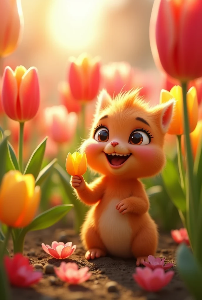 Create me a Pixar-style chicha who loves tulips 