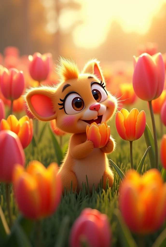 Create me a Pixar-style chicha who loves tulips